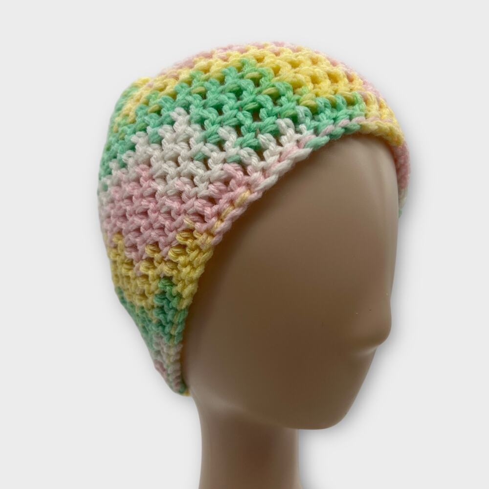 Crochet Pastels Pink White Yellow Green Woven Beanie Cap Hat‎ Winter Hat X-Small